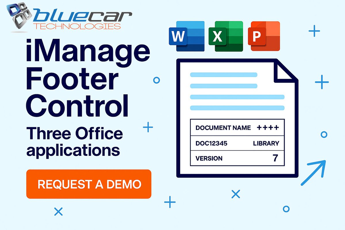 bluecartech's tweet photo. One product. Three Office apps.

iManage Footer Control applies consistent, firm‑approved footers across Word, Excel &amp; PowerPoint. Document numbers and versions update automatically from iManage metadata, reducing risk and manual effort.

Book a demo:https://t.co/ispq7gHehG https://t.co/4HvQrDomGC