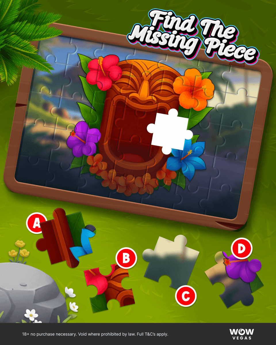 wowvegascom's tweet photo. 🧩🌺 Find the Missing Piece! A tropical scene from Heart of Tiki by BGaming is missing a crucial piece… and only the sharpest eyes will spot it! Drop your answer and username below for a chance to win WOW 30,000 + SC 3! https://t.co/tvU8u9GmWU