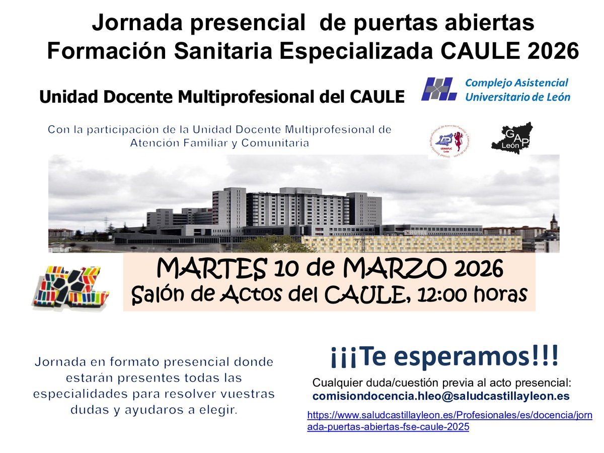 Salud_JCYL's tweet image. 🏥 El Complejo Asistencial Universitario de León celebra su Jornada de Puertas Abiertas #FSE2026
Una oportunidad para conocer las especialidades y resolver dudas antes de la elección de plaza

🔗 saludcastillayleon.es/Profesionales/… 

#Sacyl #FSE #FormaciónSanitaria #CastillayLeón #CAULE