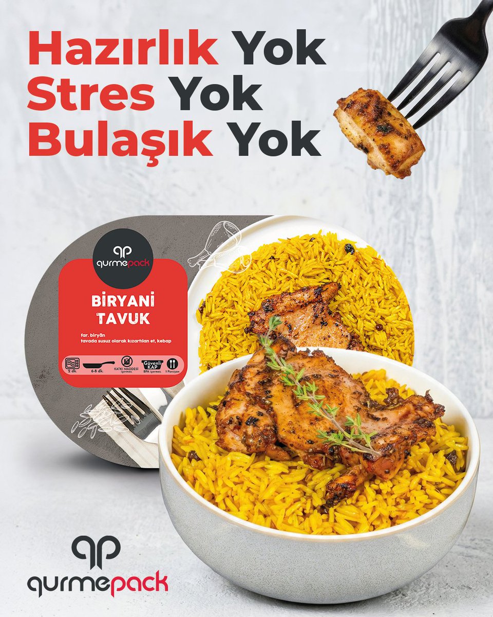 Bazen tek istediğiniz şey iyi bir yemek.
Ama hazırlıkla uğraşmadan.

Hazırlık yok.
Stres yok.
Bulaşık yok.

GurmePack Biryani Tavuk ile zengin baharatlı pirinç ve yumuşacık tavuk dakikalar içinde sofrada.
Lezzet hazır. Siz hazırsanız başlayalım. 🍽️