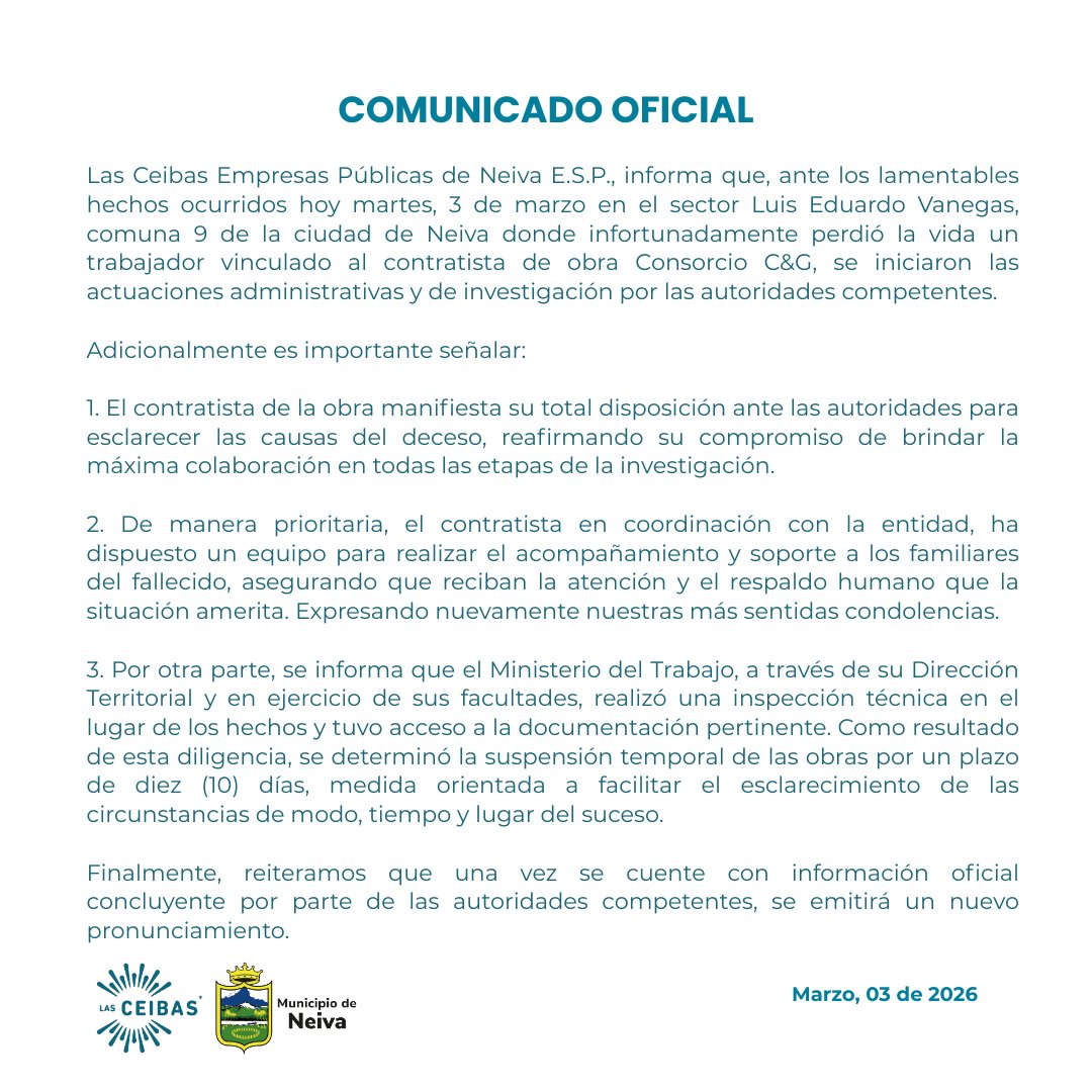 Las Ceibas, Empresas Públicas de Neiva tweet media