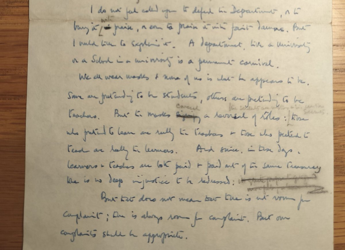 Another forgotten and undated note of Oakeshott about university: "I do not feel called to defend the Department, or to bury it with praise, or even to praise it with faits d'armes. But I would like to explain it. A department like a university [...] is a permanent carnival. 1/4