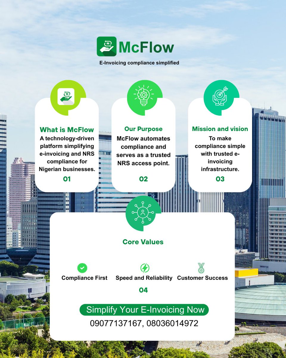 McGeorge_Ltd's tweet photo. Introducing McFlow
Your Trusted NRS Gateway for Seamless E-Invoicing Compliance
We are excited to officially introduce McFlow, a technology-driven platform built to simplify e-invoicing and NRS compliance for Nigerian businesses.
#workmerate #McFlow https://t.co/95PRm5UqOe