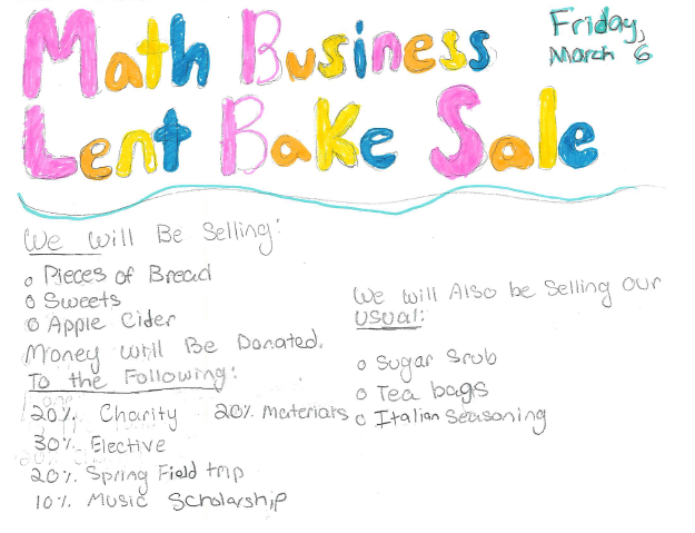 The Christ the King Middle School Math Business will be hosting a Lenten Bake Sale this Friday after school on the blacktop. Some of their biggest sellers will be offered, as well as a few new items: bread, sweets, and apple cider.