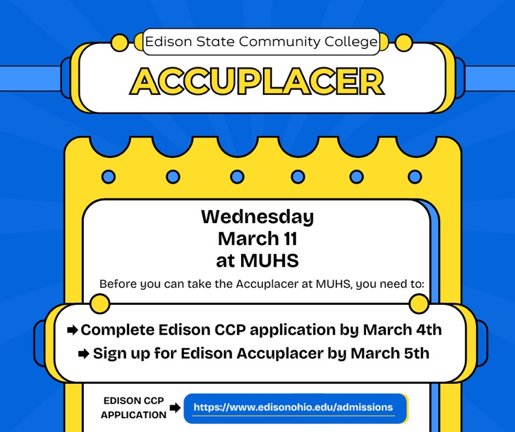 Milton_Union_MS's tweet photo. Attention current 7th and 8th grade students considering taking CCP classes through Edison: you MUST complete the Edison application by today and sign up for the Accuplacer by tomorrow. See Mrs. Honeycutt for questions. https://t.co/9Tt0zCCLP4
