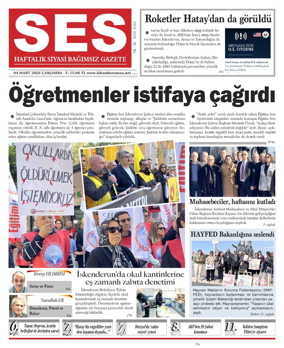 iskenderunSes's tweet photo. 📰 04 Mart 2026 | SES Gazetesi
🔴Dörtyol’a düşen füzeler önceden fark edilmişti.
🔴Muhasebeciler gününü kutladı; deprem hâlâ gündemde.
🔴HAYFED’den can dostlar için Bakanlığa çağrı.
🔴Hatay’da engelliler yeniden inşa sürecinin dışında.
📎 Detaylar için PDF’ye göz atın
#İskenderun https://t.co/hpB8pOejdD