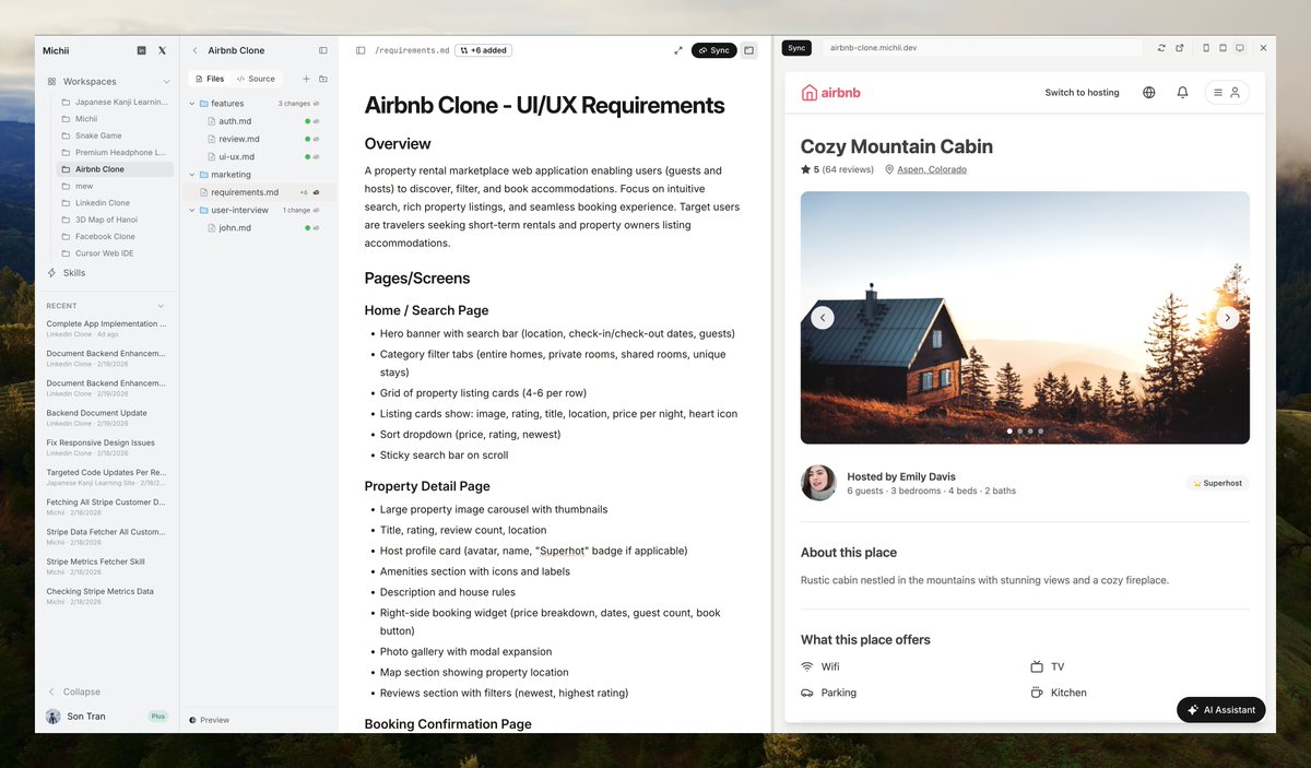 I spend most of my free time building things. One of them is Michii.dev — it's Google Docs + Claude Code.

You write product requirements in a rich editor. An AI coding agent turns them into a prototype. Live preview, right in your browser. I built this to help