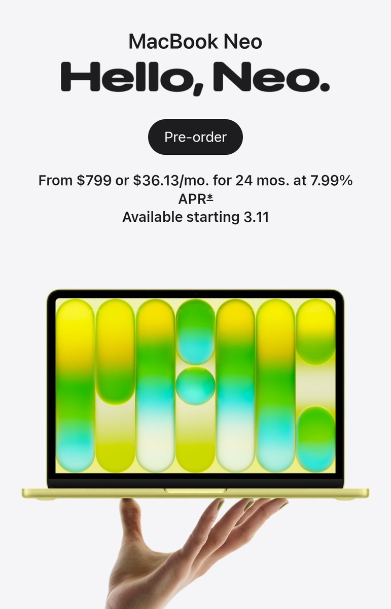 slimvnsn's tweet image. A18 Pro chip, 16 hour battery, fun colors and $599 starting price. Apple just ended the Chromebook conversation permanently. The MacBook Neo is not a budget laptop it is an iPhone chip inside a Mac and education customers get it for $499. This is the most dangerous product Apple