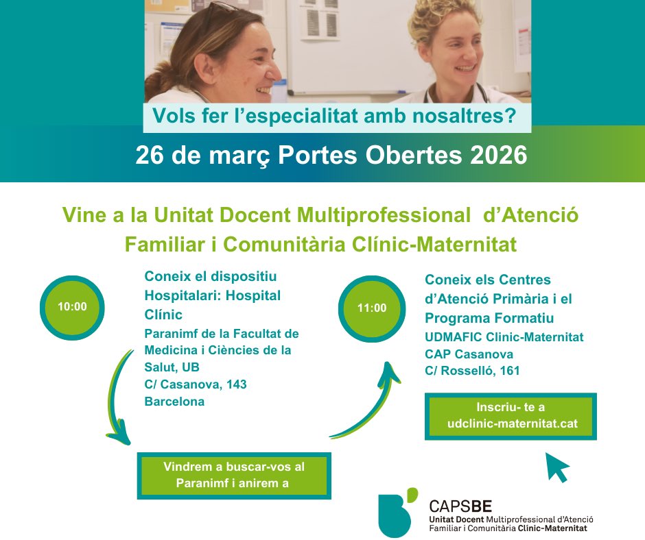 UDMAFICclinic's tweet photo. T'esperem a la Jornada de Portes Obertes de la #UDMAFICClinicMaternitat!
Inscriu-te a  👇🏼

https://t.co/1wNkpkXzky

Aprofita i pregunta directament als #residents de #medicina i #infermeria #familiaricomunitaria 
#MIR #IIR #MFIC #IFIC https://t.co/6BIFjwGQF9