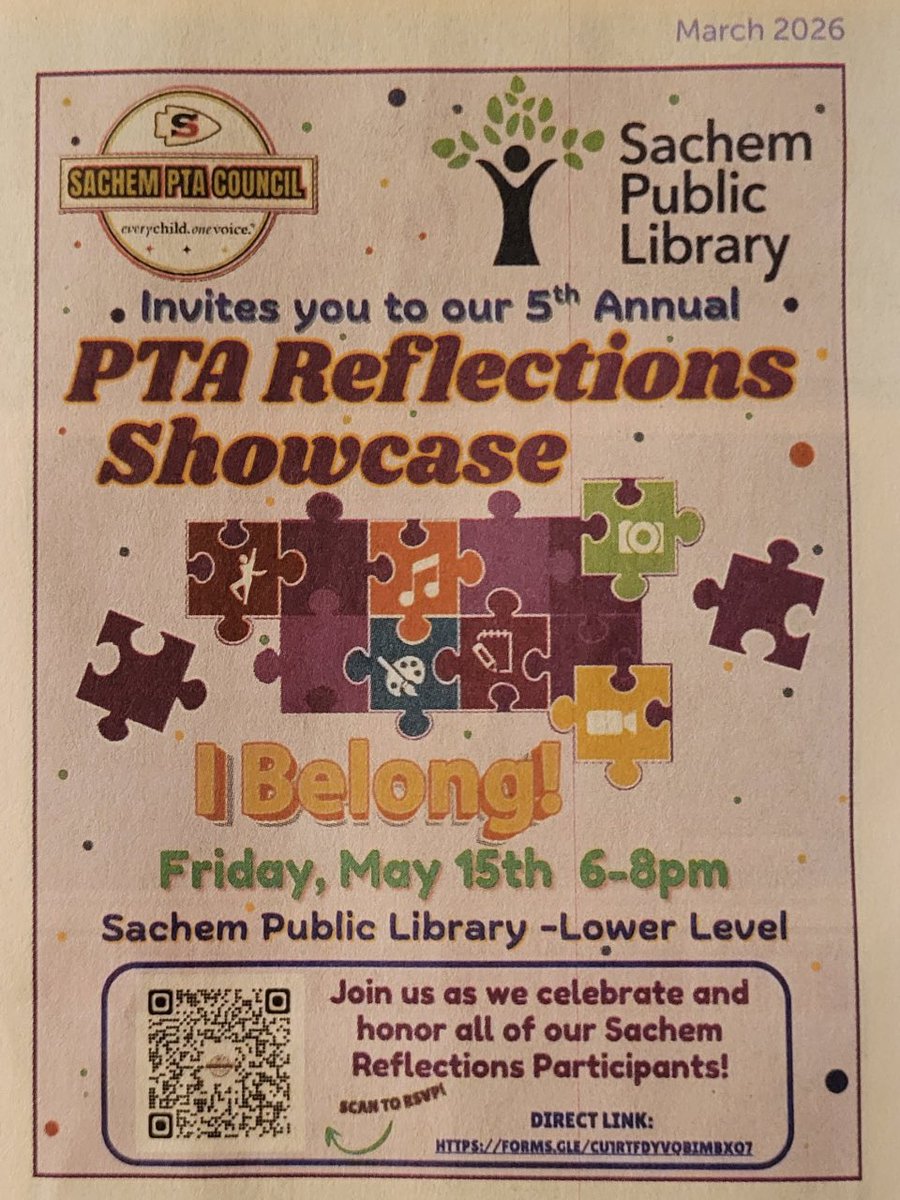 SachemPTA's tweet photo. Join us as we showcase the talents of our Sachem students at our 5th Annual PTA Reflections Showcase!

📅 Friday, May 15th
⏰ 6:00 – 8:00 PM
📍 Sachem Public Library – Lower Level

Please RSVP using the link below:
https://t.co/HMe96wyXq8 https://t.co/PnKPSci9wn