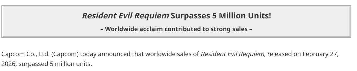 SelectrCollectr's tweet photo. Resident Evil Requiem Surpasses 5 Million Units - on track to be most successful RE game of all time https://t.co/0h1DUmq7sY https://t.co/jbqb2Zfwln