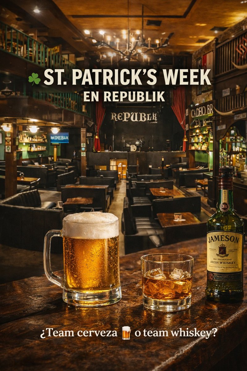 republikbarsv's tweet photo. 🍀 Regla no oficial de St. Patrick’s en Republik:

- Usar algo verde
- Cantar más fuerte de lo normal
- Brindar con desconocidos
Si ya sabes esto… eres de los nuestros 🍻
#StPatricksDay #Marzo17 https://t.co/GDyjdDgrhd