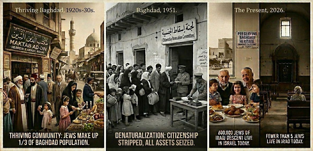 AviKaner's tweet photo. Today is the 75th anniversary of Iraq’s denaturalization act. Jews, who had made up 1/3 of Baghdad’s population, lost their citizenship and all their assets - over $34 billion in today’s value. 600,000 Jews of Iraqi descent live in Israel today. Fewer than 5 Jews live in Iraq today.