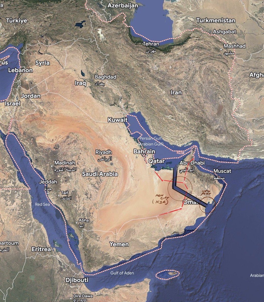 TonyAshai's tweet photo. kingdom of Saudi Arabia 🇸🇦 jointly with United Arab Emirates 🇦🇪 should develop a New canal and a New port in Oman 🇴🇲 immediately after the war. Huge upside for the GCC countries. This opens opportunities to not only develop the region climate wise but also new cities along the Canal.