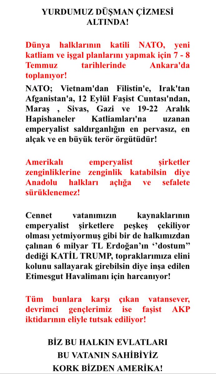 Devgencliler16's tweet photo. 📍Ankara

Dev-Gençliler Ankara Üniversitesi Gölbaşı Kampüsünde 7-8 Temmuz'da Ankara'da gerçekleşecek olan NATO zirvesine dair bildiri dağıtımı yaptı.

NATO DEFOL BU TOPRAKLAR BİZİM! https://t.co/4y3TPiOsxQ