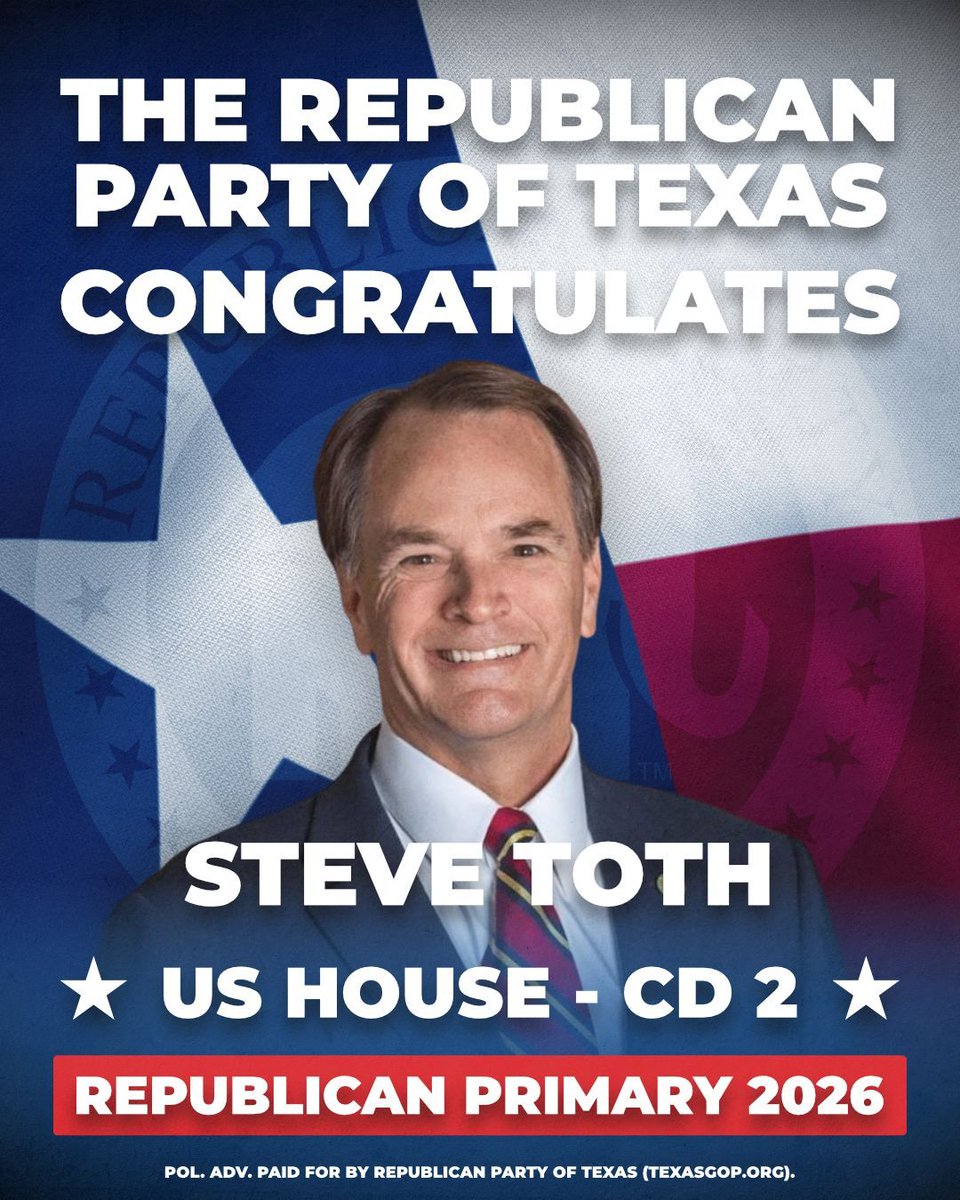 TexasGOP's tweet image. The Republican Party of Texas congratulates Steve Toth on winning the Republican nomination for US House CD2! 

@SteveTothTX