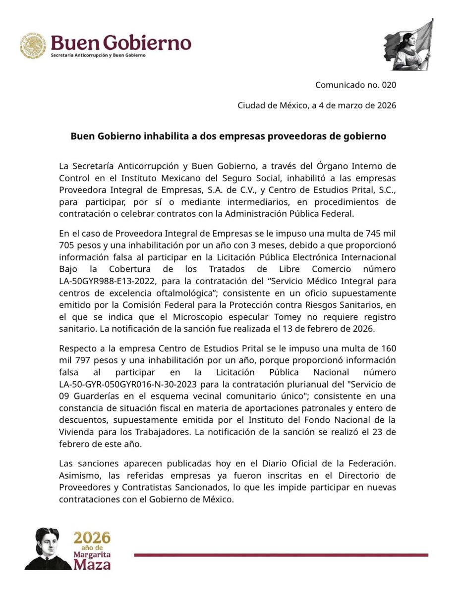 BuenGobierno_mx's tweet photo. #ComunicadoBuenGobierno 

Por proporcionar información falsa en licitaciones públicas de @Tu_IMSS, la Secretaría Anticorrupción y #BuenGobierno inhabilitó a las empresas Proveedora Integral de Empresas, S.A. de C.V., y Centro de Estudios Prital, S.C., para participar en procedimientos de contratación con la #APF.

📄 https://t.co/MdGSxkOT3V