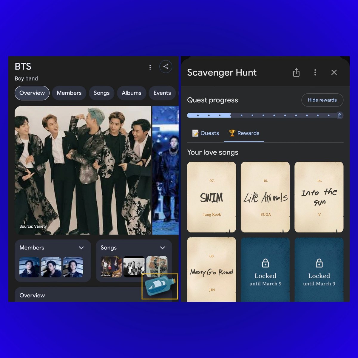 Google has launched a BTS Scavenger Hunt Quiz for their upcoming album ARIRANG, revealing each track through member-designed Flash Cards.

— Fans can unlock song titles in the members’ own handwriting while completing quests, with over 1M quests completed within minutes.