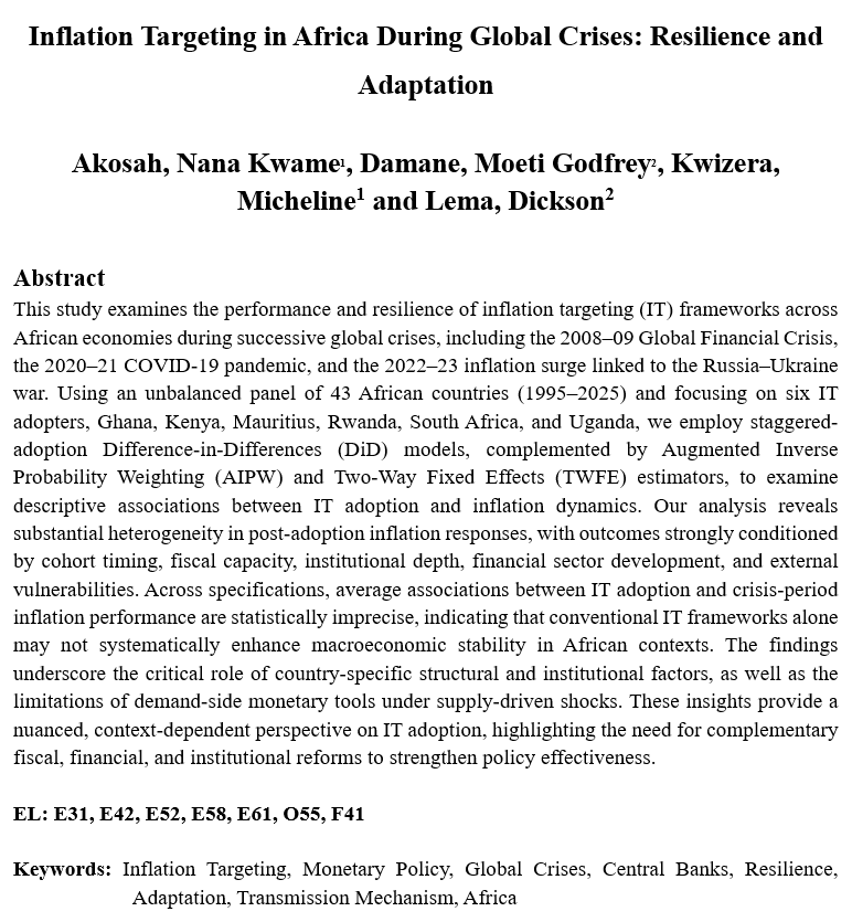 My colleagues and I have finalized a paper on inflation targeting in Africa during global crises. Evidence from 1995 to 2025 shows uneven outcomes shaped by institutions and constraints. The paper is now under peer review..!