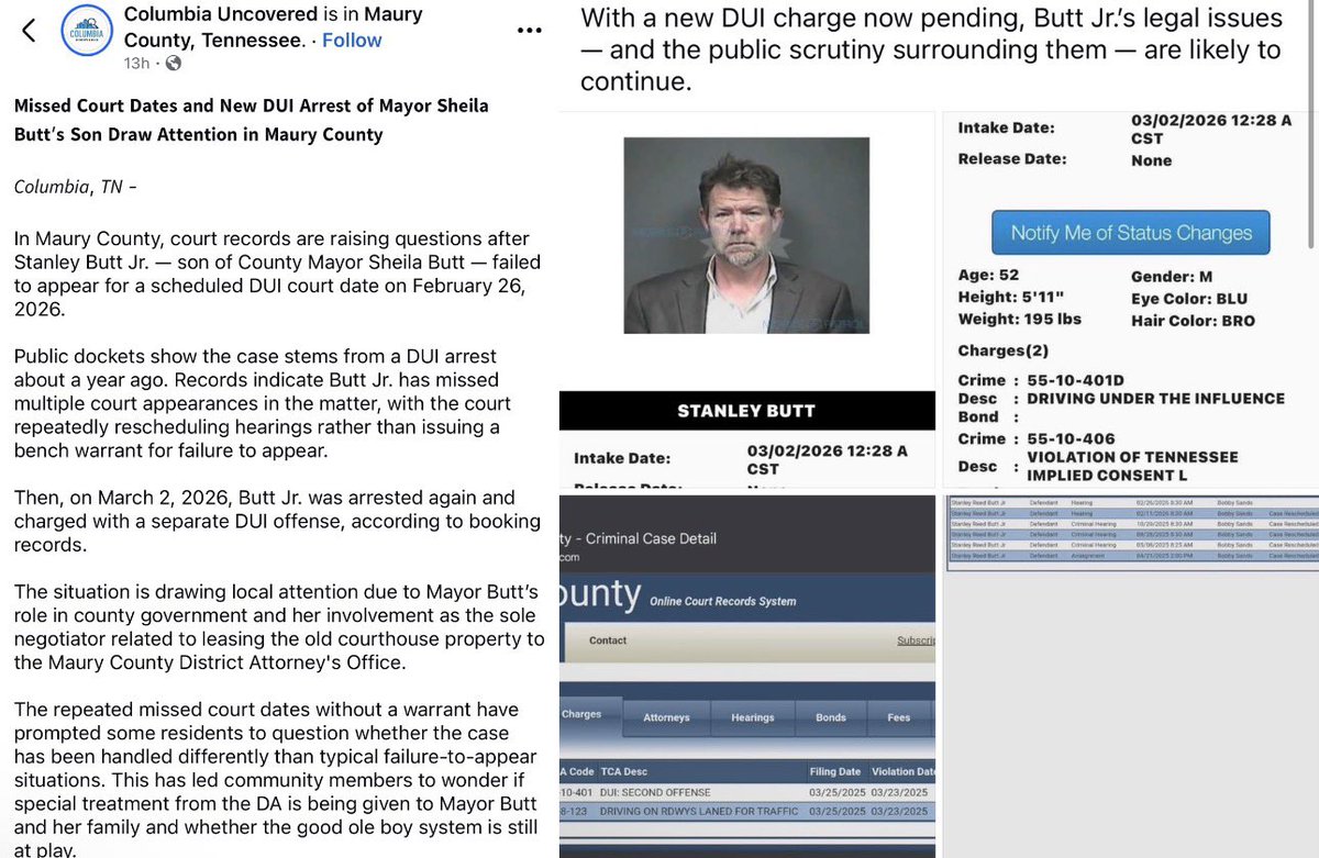 MAURY COUNTY — It appears Stanley Butt Jr., county mayor Sheila Butt’s son, failed to appear for DUI court dates… and then picked up a 2nd DUI. facebook.com/share/p/1QeSGD…