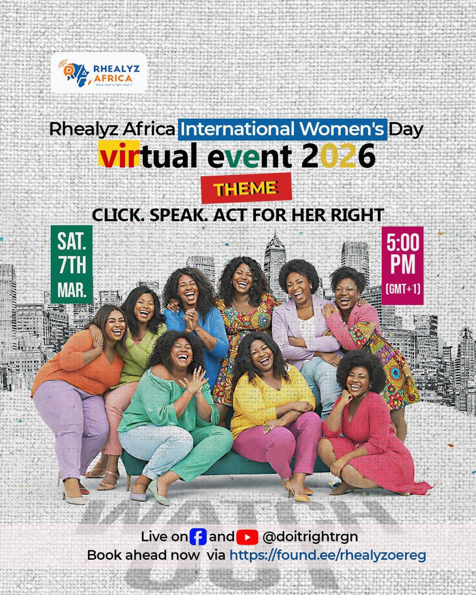 Are you ready for the Rhealyz Africa IWD 2026 experience? 
Gists, games, and a whole lot of inspiration. 
Theme:Click, Speak, and Act!
📅 Sat, March 7th
 🕔 5:00 PM (GMT+1) 
📍 Facebook /YouTube <a href="/doitrightrgn/">Rhealyz Africa #Men4WomensRight #EndGBV #SRHR</a>
 🔗 Register: bit.ly/4crQrFX
#IWD2026 #GiveToGain #RhealyzIWD