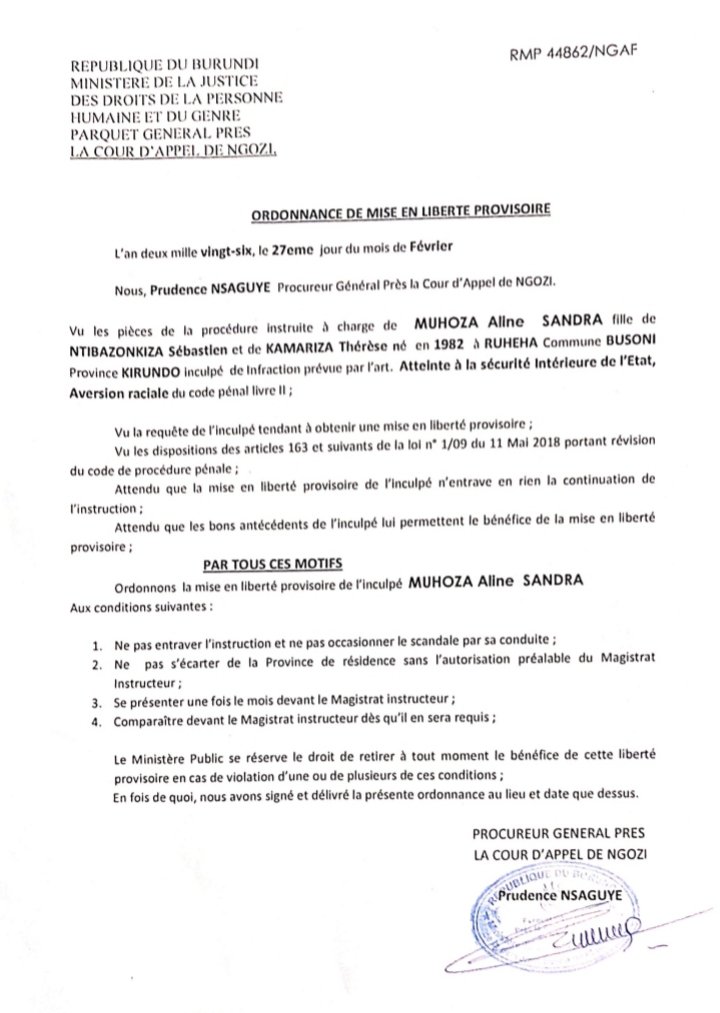 rugbob78's tweet photo. Enfin une bonne nouvelle au #Burundi. Après deux ans de détention injuste et irrégulière, la journaliste Sandra #Muhoza sort de prison avec une liberté #provisoire. https://t.co/n57cAW0JR0