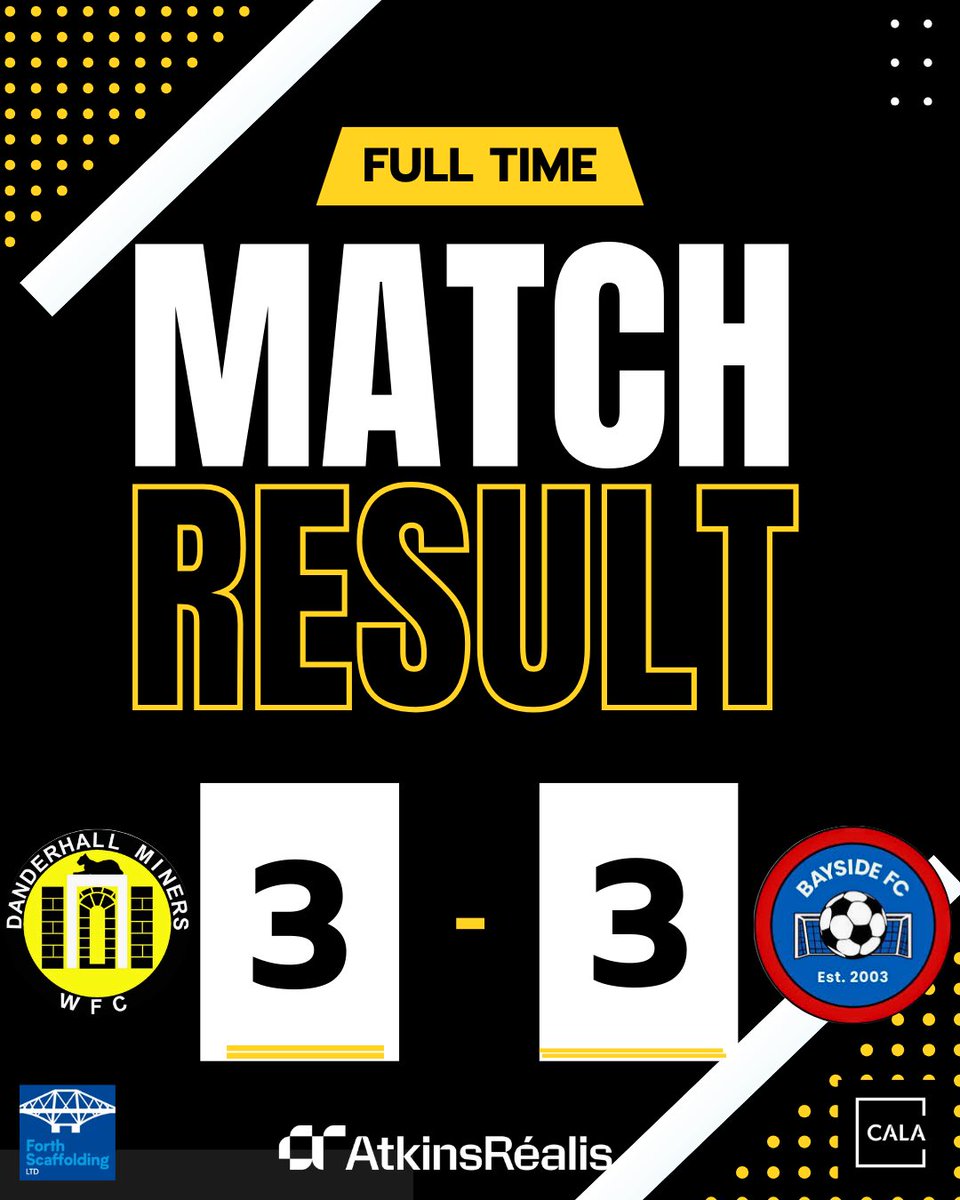 Tough battle on a heavy pitch. 2–2 at HT (Rutherford x2). Beveridge headed us back in front from a corner before Bayside equalised shortly after. Points shared in Danderhall!