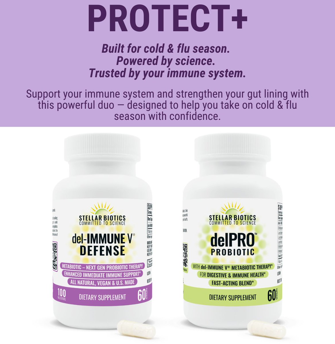 stellarbiotics's tweet photo. Protect+, our discounted bundle of two STELLAR bestsellers, is built for cold and flu season, powered by science, and trusted by your immune system. 

Shop DEFENSE and delPRO 15% off: https://t.co/YzU3JN83uU 

*Available in 60 and 120 count variations. https://t.co/xpZSO5AT01