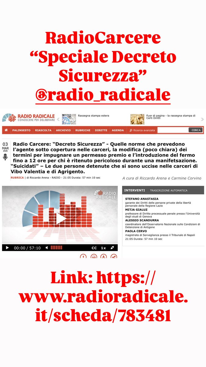 #RadioCarcere <a href="/RadioRadicale/">Radio Radicale</a> RIASCOLTA la puntata: il Decreto Sicurezza: l'agente sotto copertura nelle carceri e il fermo di Polizia fino a 12 ore per chi è ritenuto pericoloso durante una manifestazione. 
Link: radioradicale.it/scheda/783481