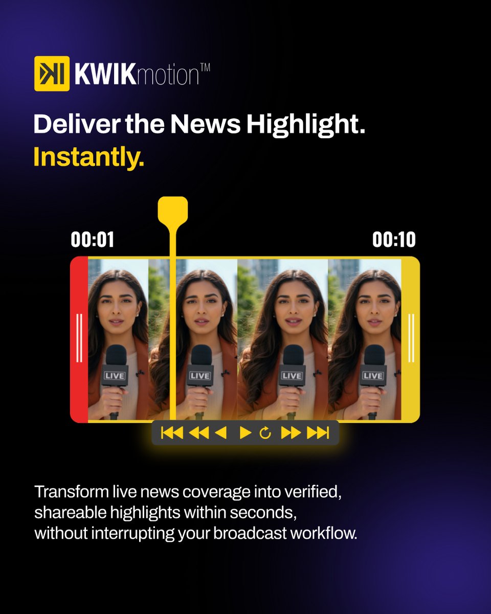 kwikmotion's tweet photo. KWIKmotion lets you transform live broadcasts into shareable highlights instantly.
No delays, no interruptions to your workflow, deliver the news as it happens.
Learn more: https://t.co/Ptj7eSurnZ

#KWIKmotion #BreakingNews #LiveBroadcast #LiveClipping #WPS https://t.co/Jceg9xUbnT