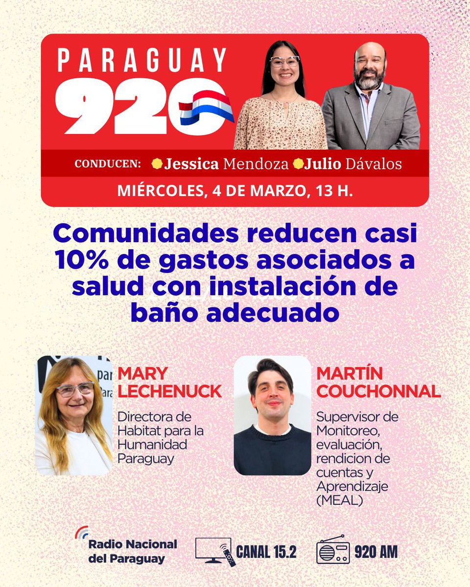rnpy920am's tweet photo. Hoy en #Paraguay920 nos visitan 🗣️ Mary Lechenuck, Dir.  de @habitatpy y🗣️Martín Couchonnal, Sup. de monitoreo, evaluación, rendición de cuentas y aprendizaje 
🔹Comunidades reducen casi 10% de gastos asociados a salud con instalación de baño adecuado

📻#920AM 
📺15.2 
📺#PyTv https://t.co/YFzDyK6xlr