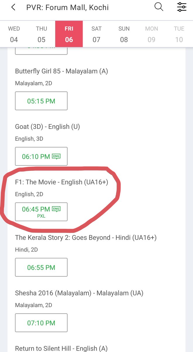 rahool360's tweet photo. So disappointed with PVR #ForumMall #Kochi for not listing a single show for a movie tailer made for their #PXL Screen.. A flat 3D movie with Atmos. It could showcase their colourful projection with #Reald3d with #Atmos...but nope we will list scope movies and one of the movie is F1 🙏🏻