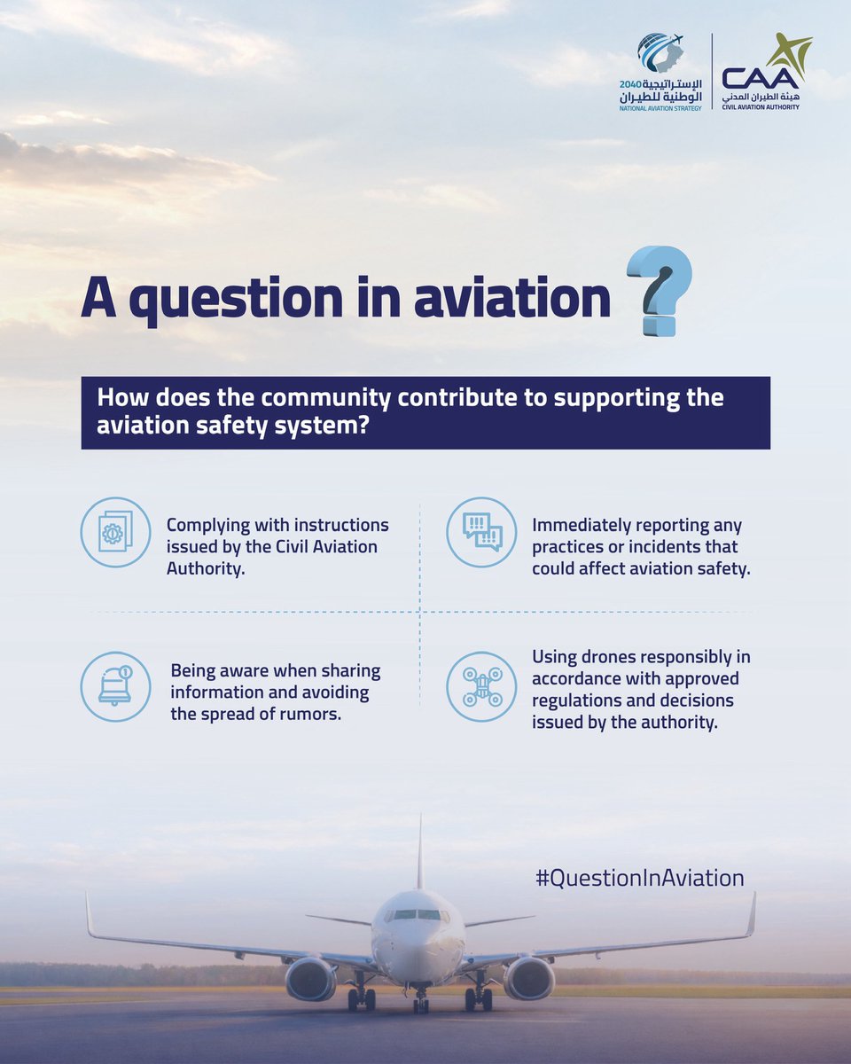 CAAOMN's tweet photo. How does the community contribute to supporting the aviation safety system⁉️
#QuestionInAviation
#CivilAviation https://t.co/aUCamCIxxp