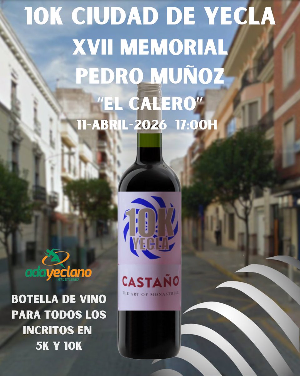 Apúntate al 10K o al 5K y te llevarás una botella de vino de <a href="/BodegasCastano/">Bodegas Castaño</a> 

<a href="/ADAYeclano/">ADAYeclano atletismo</a> 
<a href="/AytoYecla/">Ayuntamiento de Yecla</a> 
<a href="/la_famu/">FAMU Murcia</a> 

#adayeclano #10kyecla #carrerapopular #carreraspopulares #running