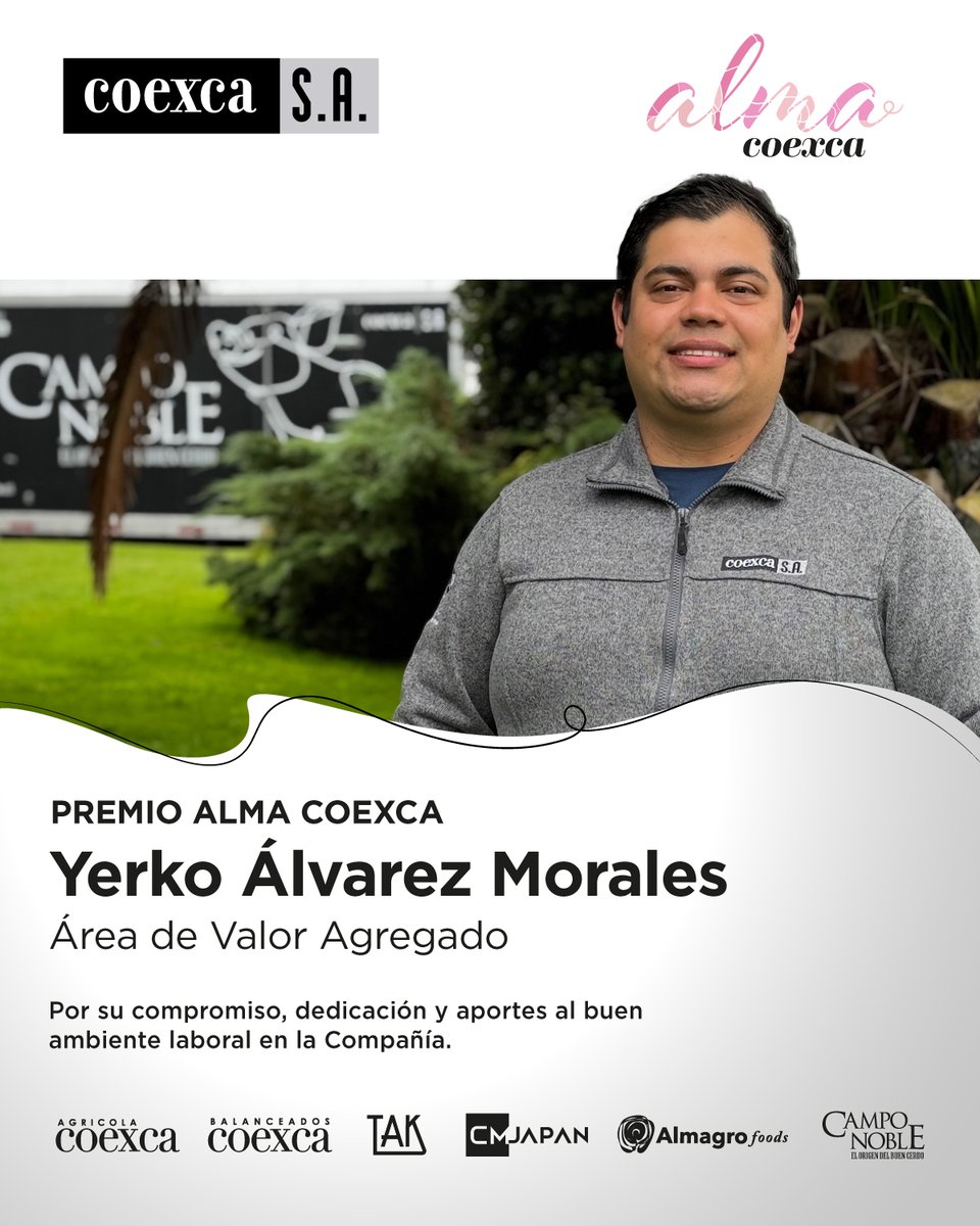 Yerko Álvarez Morales, del Área de Valor Agregado de la principal planta de procesos de #Coexca S.A., recibió el Premio Alma, distinción que destaca a colaboradores que reflejan excelencia, responsabilidad, respeto y trabajo en equipo en su labor diaria.