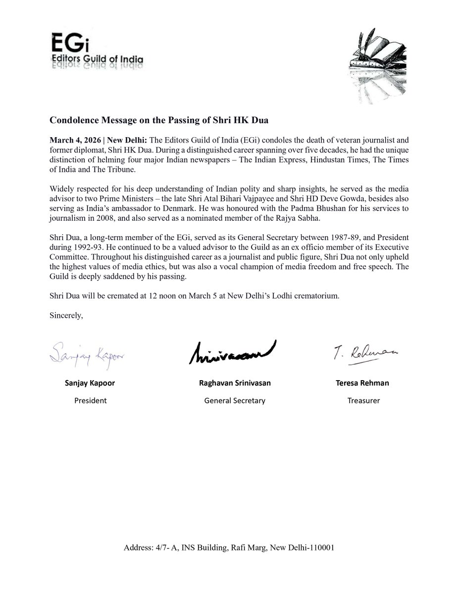 Condolence Message on the Passing of Shri HK Dua