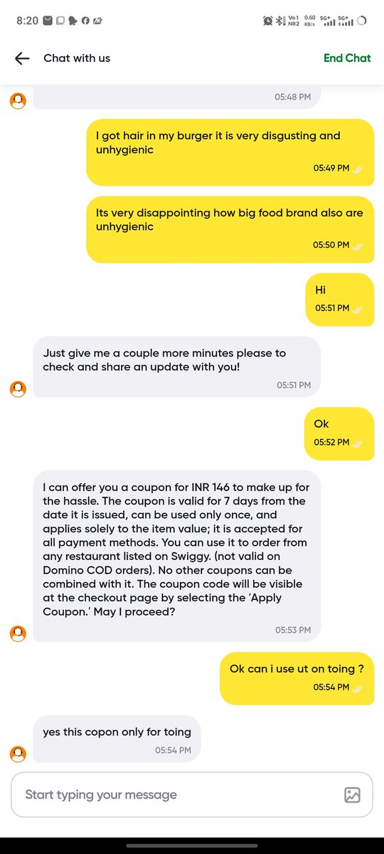 viral_mentor's tweet image. disappointed with Toing by @Swiggy. Received a burger with hair inside I talk with support they issued a 146 coupon. But that doesn’t work. Now they asking me to email instead of fixing in chat. Why issue a coupon that cannot even be used?
@fssaiindia
#Toing #Swiggy #FoodSafety