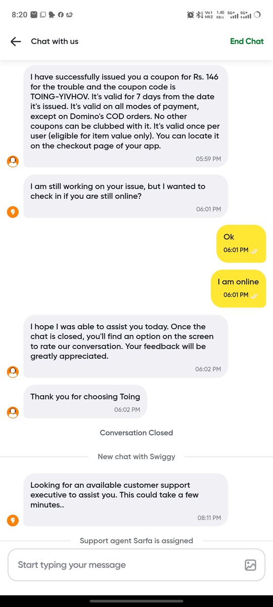 viral_mentor's tweet image. disappointed with Toing by @Swiggy. Received a burger with hair inside I talk with support they issued a 146 coupon. But that doesn’t work. Now they asking me to email instead of fixing in chat. Why issue a coupon that cannot even be used?
@fssaiindia
#Toing #Swiggy #FoodSafety