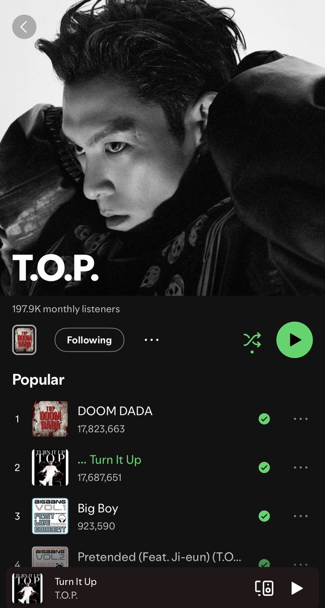 The issue has been resolved! There is now only one official Spotify account for T.O.P, which also includes his song “Turn It Up!” 🙂🎶

🔗 open.spotify.com/artist/4W9FlOW…

#탑 #최승현 #CHOISEUNGHYUN #TTTOP #TOP #CSH1IntoAnotherDimension