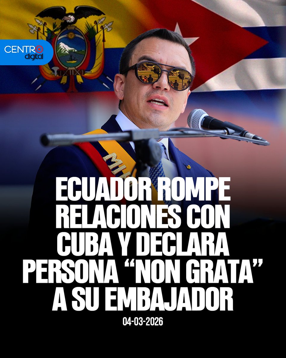 #ATENCION | Ecuador puso fin a sus relaciones diplomáticas con Cuba tras la firma del Decreto Ejecutivo 317 por parte del presidente Daniel Noboa, mediante el cual se dio por concluida la misión del embajador ecuatoriano en La Habana.

Los detalles➡️ instagram.com/p/DVedUP8iQvm/…