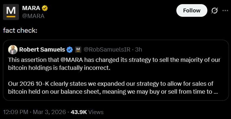 CryptoNewsHntrs's tweet image. 🚨 MARA REJECTS CLAIMS THAT IT PLANS TO SELL THE MAJORITY OF ITS BITCOIN HOLDINGS 

#Bitcoin #MARA #CryptoNews
