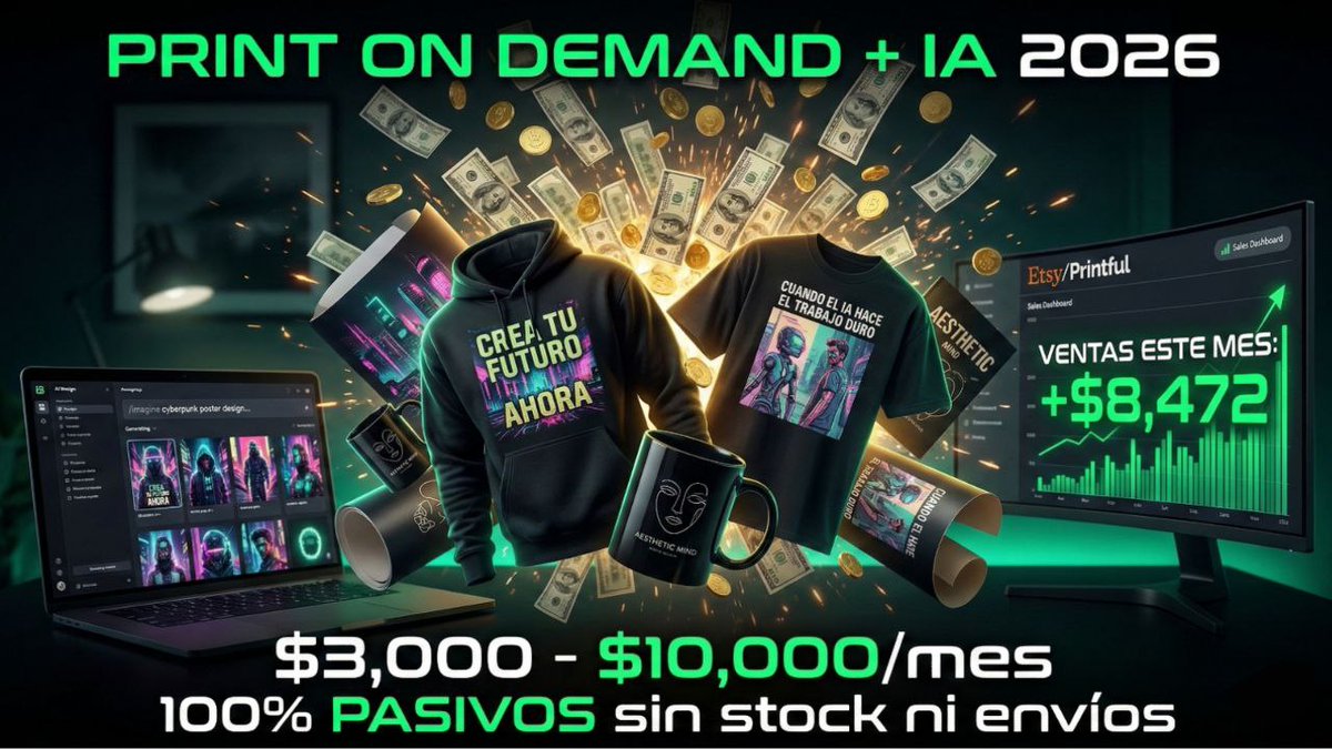 SistemasAI's tweet photo. 🚨 2026: La forma MÁS PASIVA de ganar $3.000 - $10.000/mes con IA.

Print-on-Demand + IA: diseñas una vez, vendes miles de veces sin stock, sin envíos, sin atender clientes.
Camisetas, mugs, posters y hoodies que se venden solos en Etsy y Printful. 

Te doy 8 prompts maestros, plan de 14 días y tiendas reales que ya facturan 6 cifras.

Hilo  🧵 ÉPICO y PROFUNDO ↓