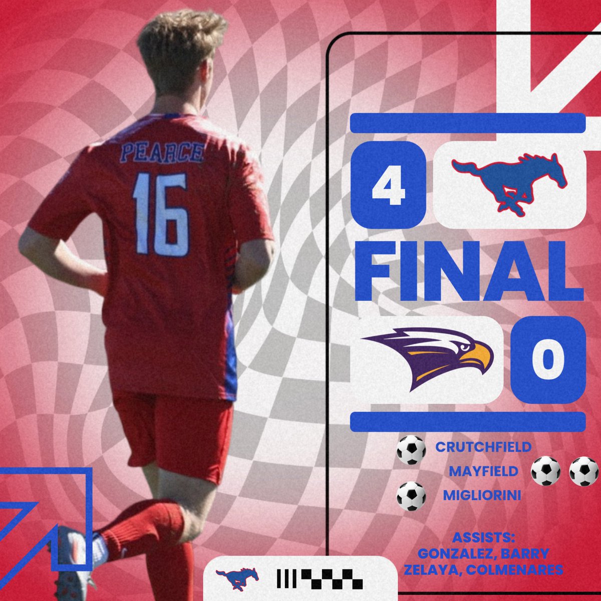 Final score for Friday's game at RHS. Big win for the Mustangs! Goals from Casey Crutchfield, Blake Mayfield (2), and Alessandro Migliorini; assists from Steve Gonzalez, Bubba Barry, Aaron Zelaya, and Moises Colmenares

#mustangsoccer #compete