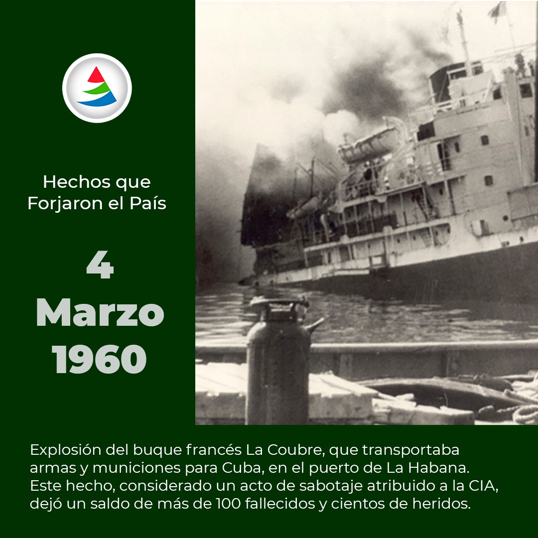 4 de marzo de 1960. Explosión del vapor La Coubre, en el puerto de La Habana, arrebató la vida a más de un centenar de cubanos, acto criminal.
Al despedir a las víctimas, Fidel pronunció palabras que quedaron para siempre en la historia de Cuba: ¡Patria o Muerte!
¡Venceremos!