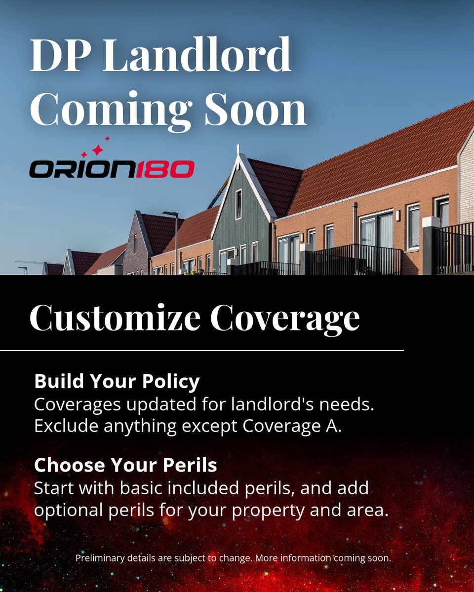 orion180ins's tweet image. DP Landlord is coming soon 🏡 A flexible, customizable solution designed for today’s rental property owners, with enhanced coverage options and new savings opportunities. 

More launch details to come! 

#Orion180 #DPLandlord #LandlordInsurance
