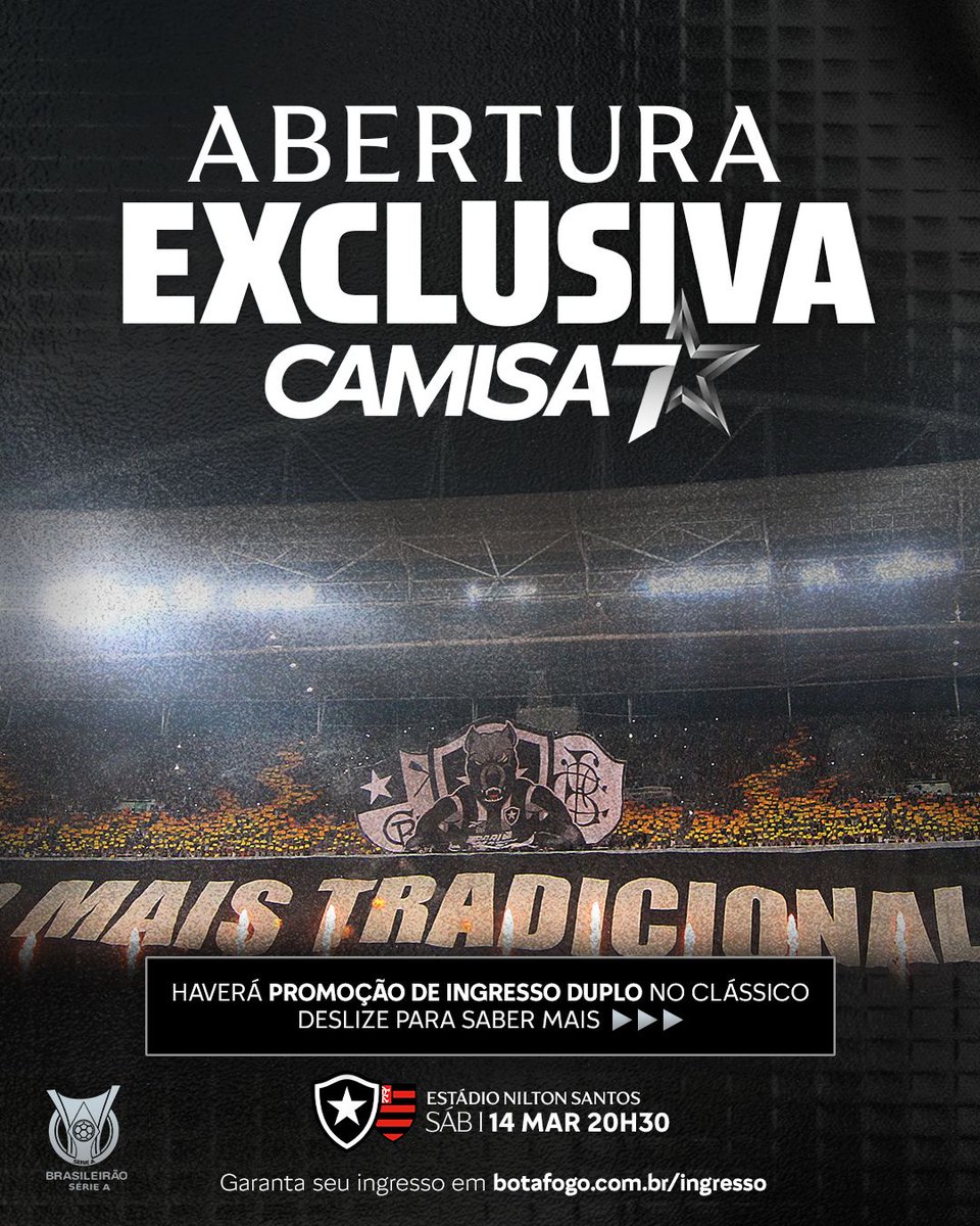 CLÁSSICO NA NOSSA CASA! 🏟️🌟

Com promoções de tempo limitado para os meus sócios <a href="/Camisa7Botafogo/">Camisa 7</a>, está iniciada a venda de ingressos para Botafogo x Flamengo! 🔥

Arraste para o lado, confira os detalhes de cada plano e veja as datas de abertura! ➡️ #VamosBOTAFOGO

🎫 Acesse