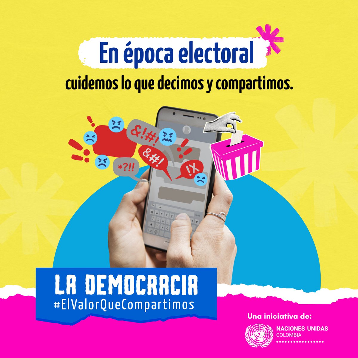 onucolombia's tweet image. La democracia es un valor central para el país y se construye con participación, respeto y diálogo. 

En época electoral, cuidemos lo que decimos y compartimos. Defendamos la convivencia democrática. 

Si te suena este mensaje, compártelo. 

La Democracia, #ElValorQueCompartimos