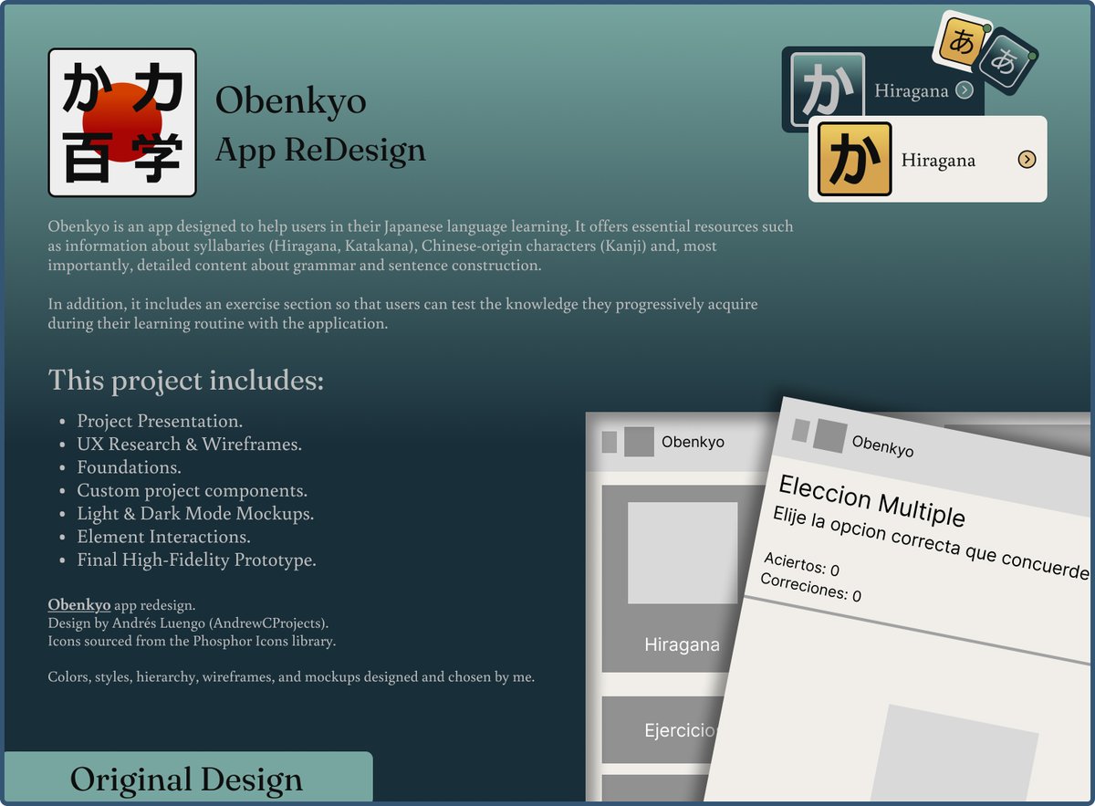 AndrewCProyects's tweet photo. Project: Obenkyo App ReDesign (Spanish/English)    

Obenkyo is a Japanese learning app featuring comprehensive guides for Hiragana, Katakana, Kanji, and grammar.  

See the full design on my Figma profile: @AndrewProyects (Link in Bio)

https://t.co/vmbOOseVzM https://t.co/RQeTX7hOxH