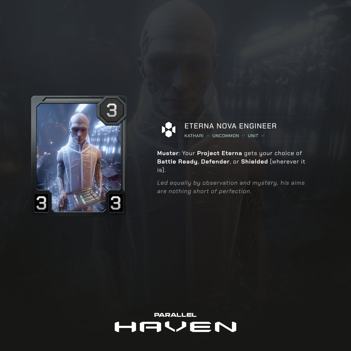 Sparklinnnnng's tweet photo. Eterna Nova Engineer 

Muster: Your Project Eterna gets your choice of Battle Ready, Defender, or Shielded [wherever iot is]. 

#Haven is imminent. //