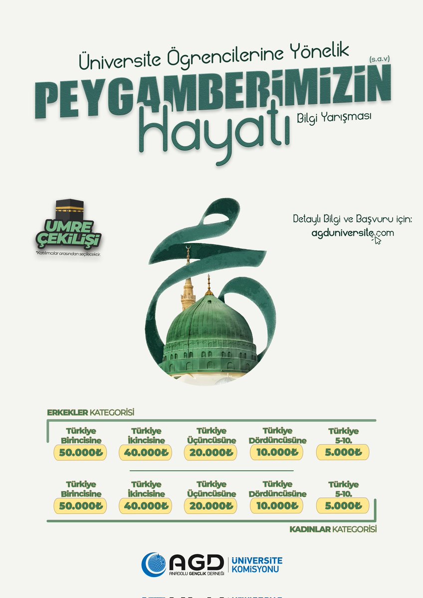 Üniversite Öğrencilerine Yönelik Peygamberimizin Hayatı Bilgi Yarışması Başvuruları Başladı.

🗓 Son Başvuru Tarihi: 19 Nisan 2026

✒ Sınav Tarihi: 3 Mayıs 2026

agduniversite.com🖱

#PeygamberimizinHayatı